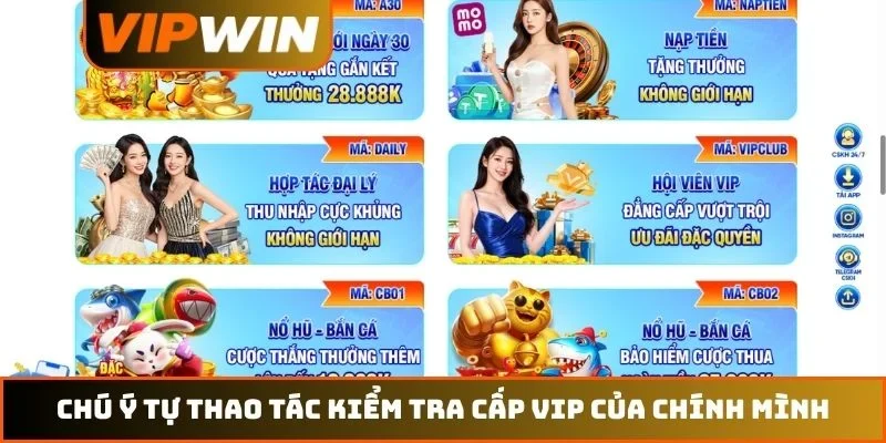 Ưu Đãi Vip VIPWIN – Hướng Dẫn Thăng Hạng Và Đặc Quyền 2026 3 Chú ý tự thao tác kiểm tra cấp VIP của chính mình