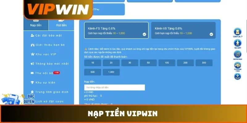 Nạp Tiền VIPWIN – Hướng Dẫn Thực Hiện An Toàn Nhất Năm 2026 7 Nạp tiền VIPWIN